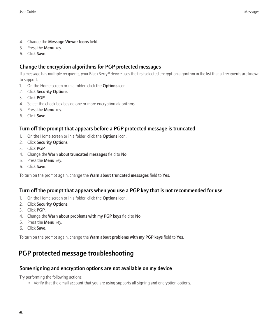 Pgp protected message troubleshooting | Blackberry Bold 9700 User Manual | Page 92 / 332