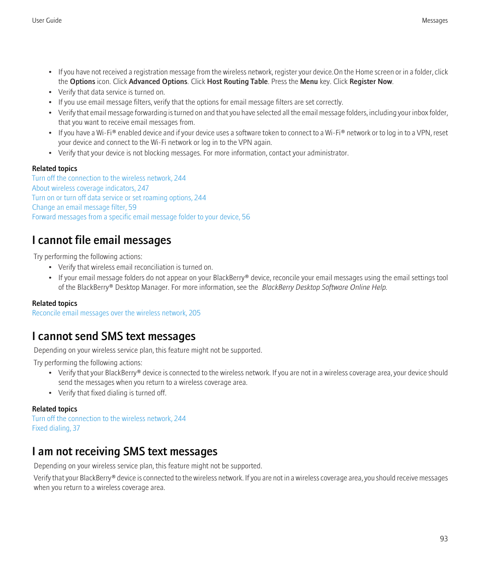 I cannot file email messages, I cannot send sms text messages, I am not receiving sms text messages | Blackberry Bold 9700 User Manual | Page 95 / 332