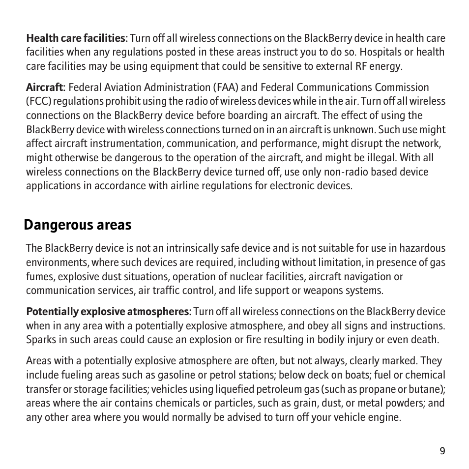 Dangerous areas | Blackberry 8830 User Manual | Page 11 / 30