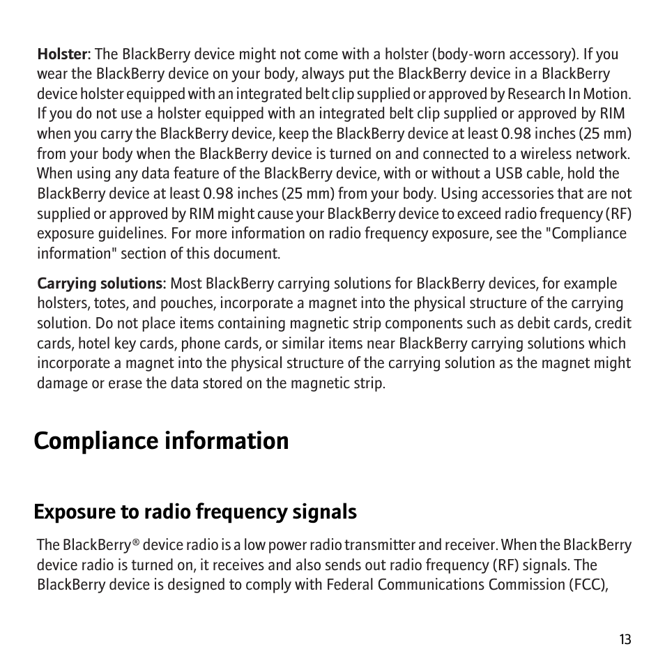 Compliance information, Exposure to radio frequency signals | Blackberry 8830 User Manual | Page 15 / 30