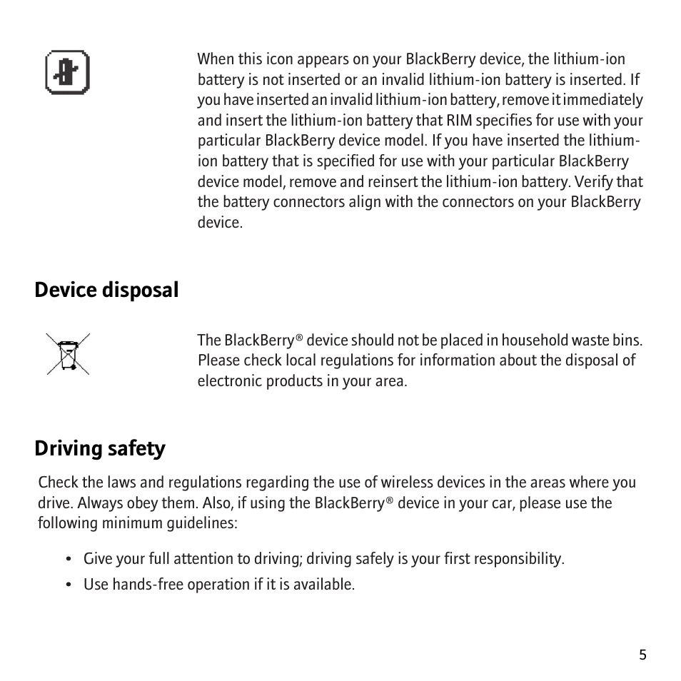 Device disposal, Driving safety | Blackberry 8830 User Manual | Page 7 / 30