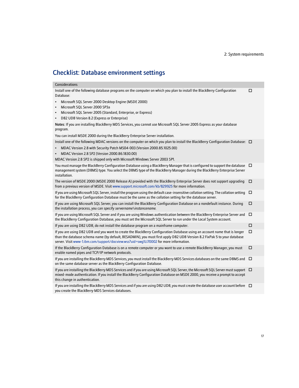 Checklist: database environment settings | Blackberry Enterprise Server User Manual | Page 17 / 40
