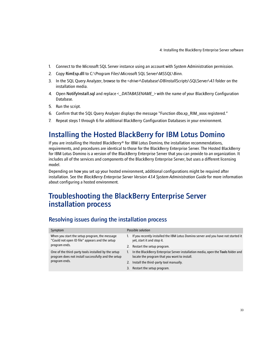 Resolving issues during the installation process | Blackberry Enterprise Server User Manual | Page 33 / 40
