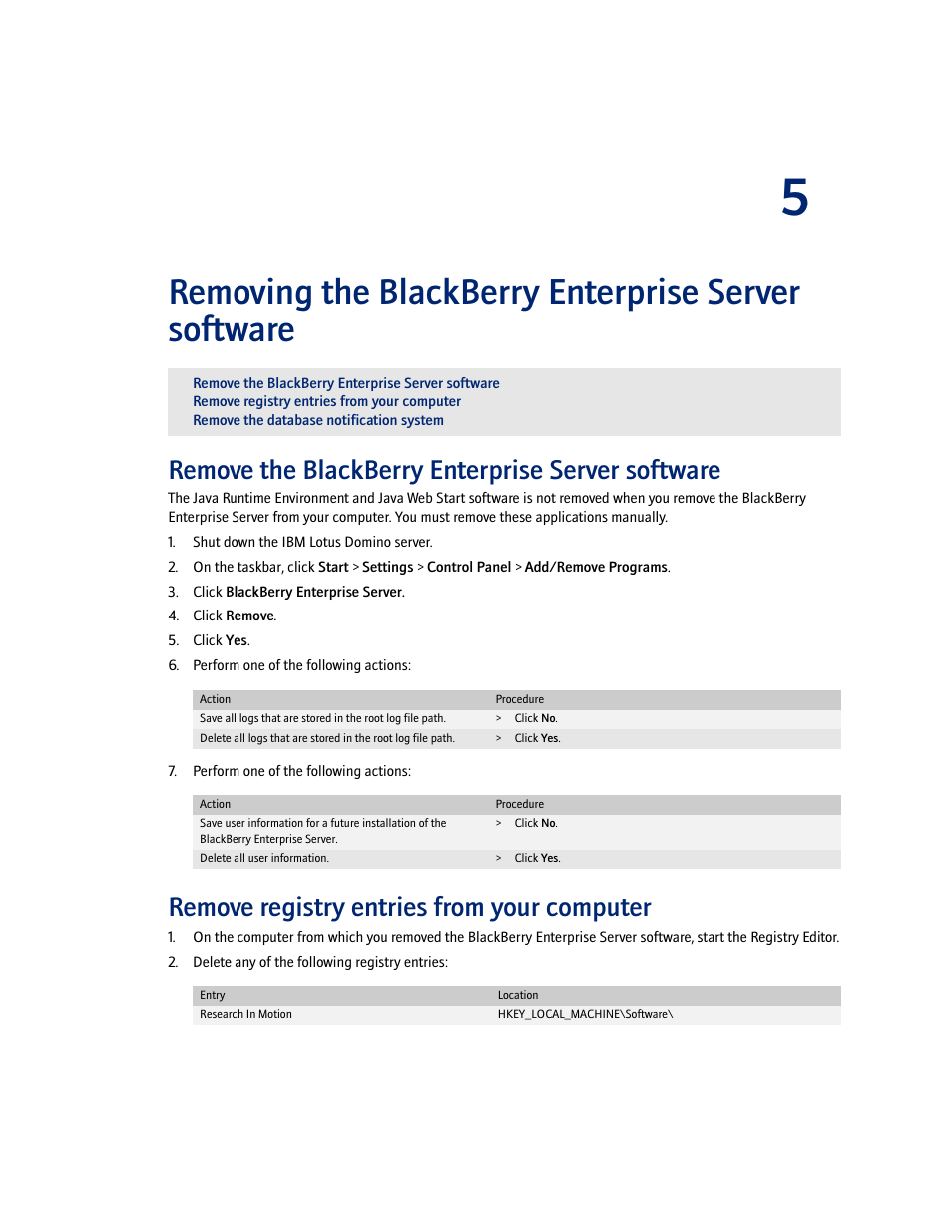 Removing the blackberry enterprise server software, Remove the blackberry enterprise server software, Remove registry entries from your computer | Blackberry Enterprise Server User Manual | Page 37 / 40