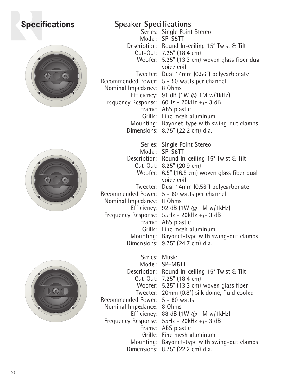 Speaker specifications, Specifications | Russound Advantage In-Ceiling speaker User Manual | Page 20 / 24