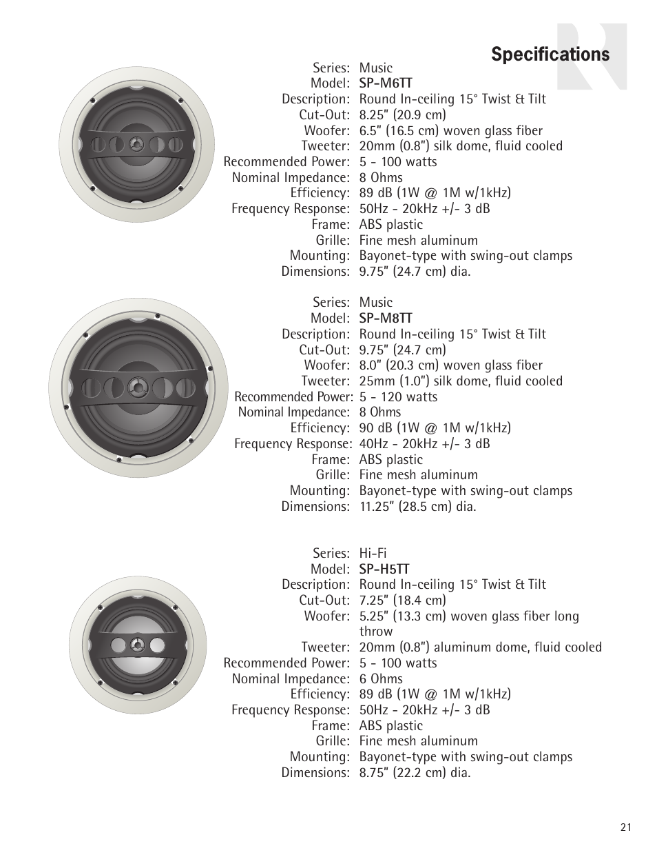 Specifications | Russound Advantage In-Ceiling speaker User Manual | Page 21 / 24