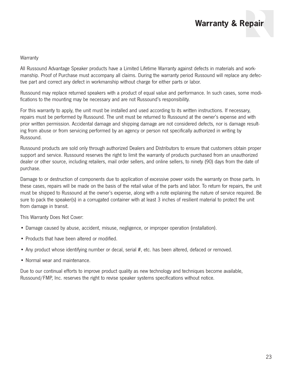Warranty & repair | Russound Advantage In-Ceiling speaker User Manual | Page 23 / 24
