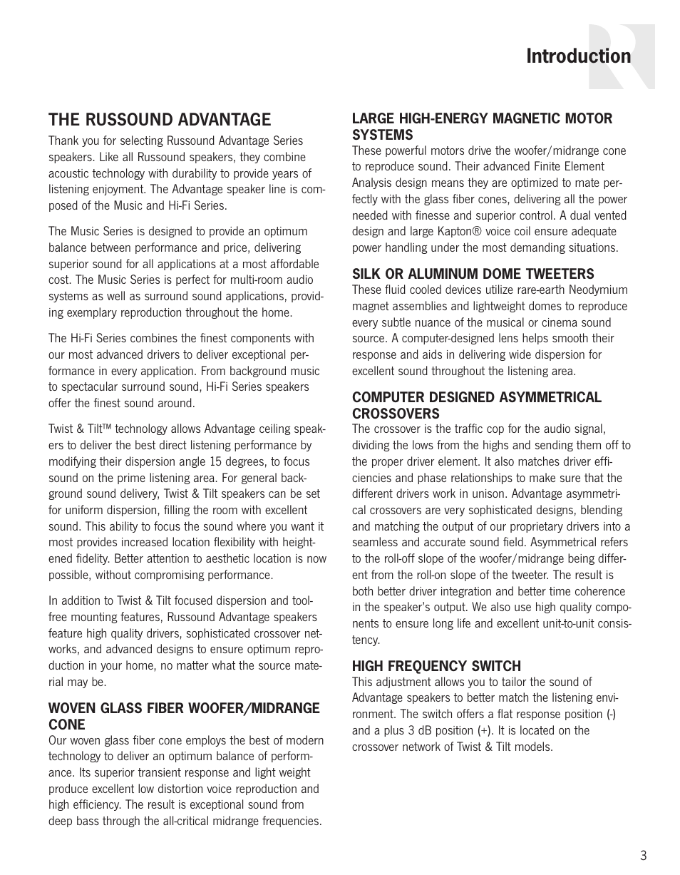 Introduction, The russound advantage | Russound Advantage In-Ceiling speaker User Manual | Page 3 / 24