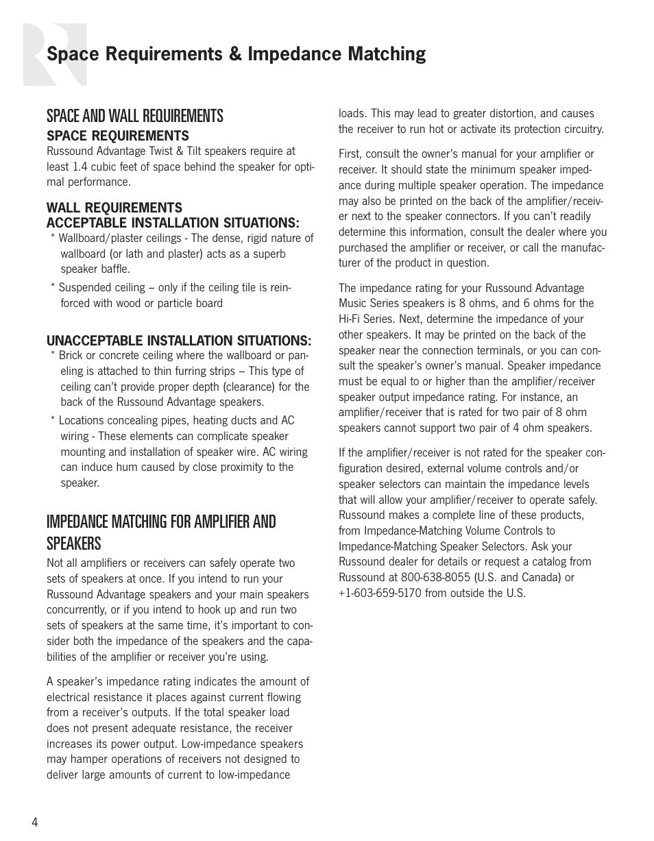 Space and wall requirements, Impedance matching for amplifier and speakers, Space requirements & impedance matching | Russound Advantage In-Ceiling speaker User Manual | Page 4 / 24