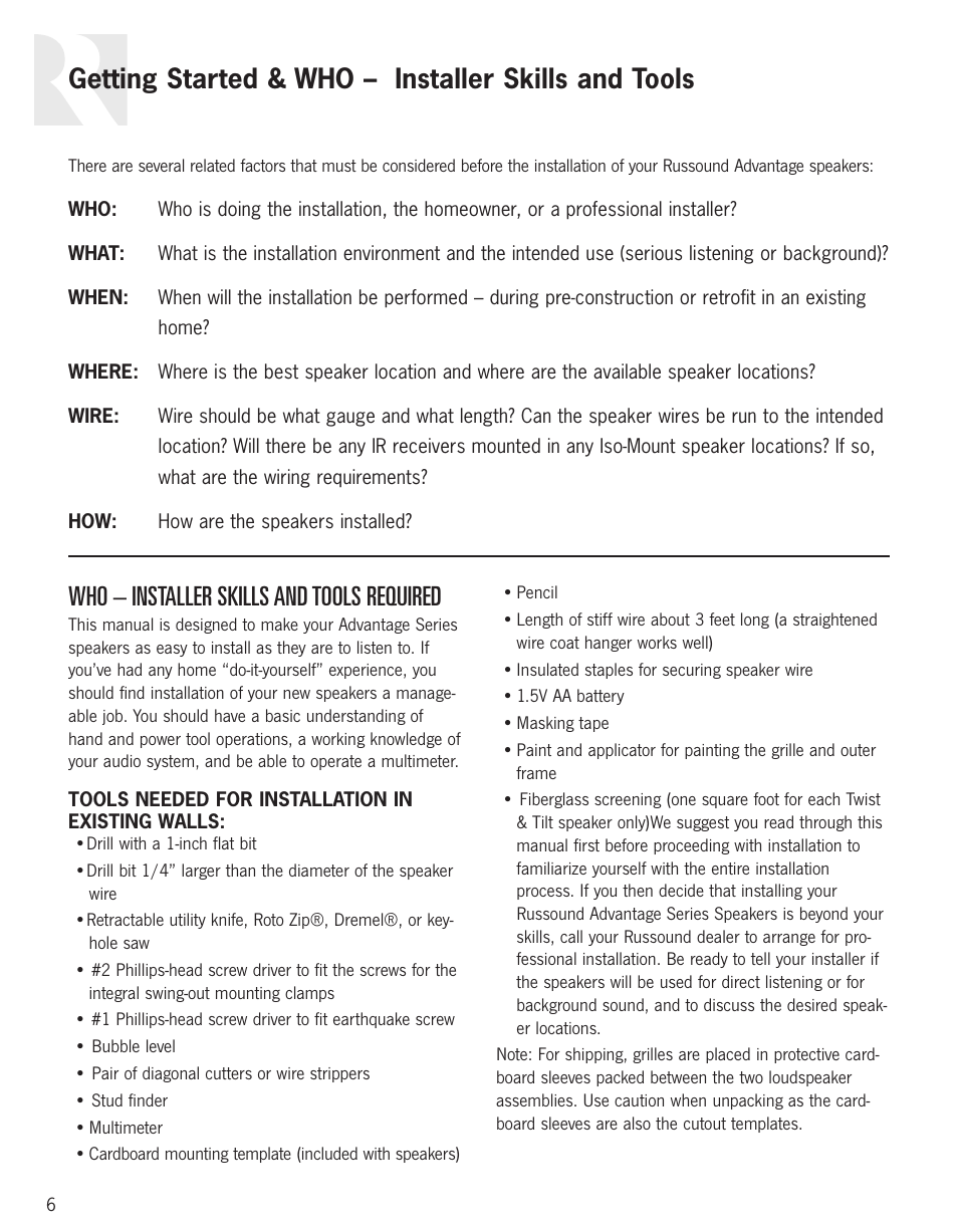 Getting started & who – installer skills and tools, Who – installer skills and tools required | Russound Advantage In-Ceiling speaker User Manual | Page 6 / 24