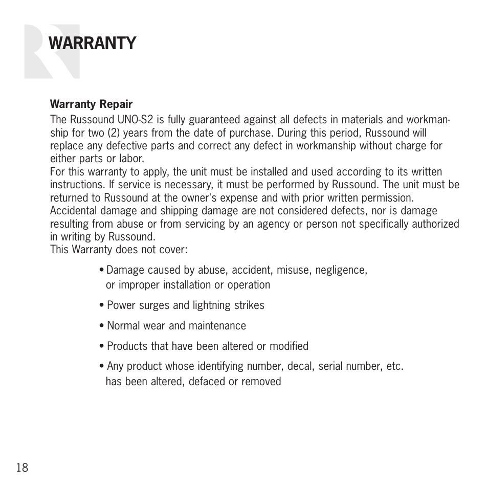 Warranty | Russound UNO S2 User Manual | Page 18 / 20