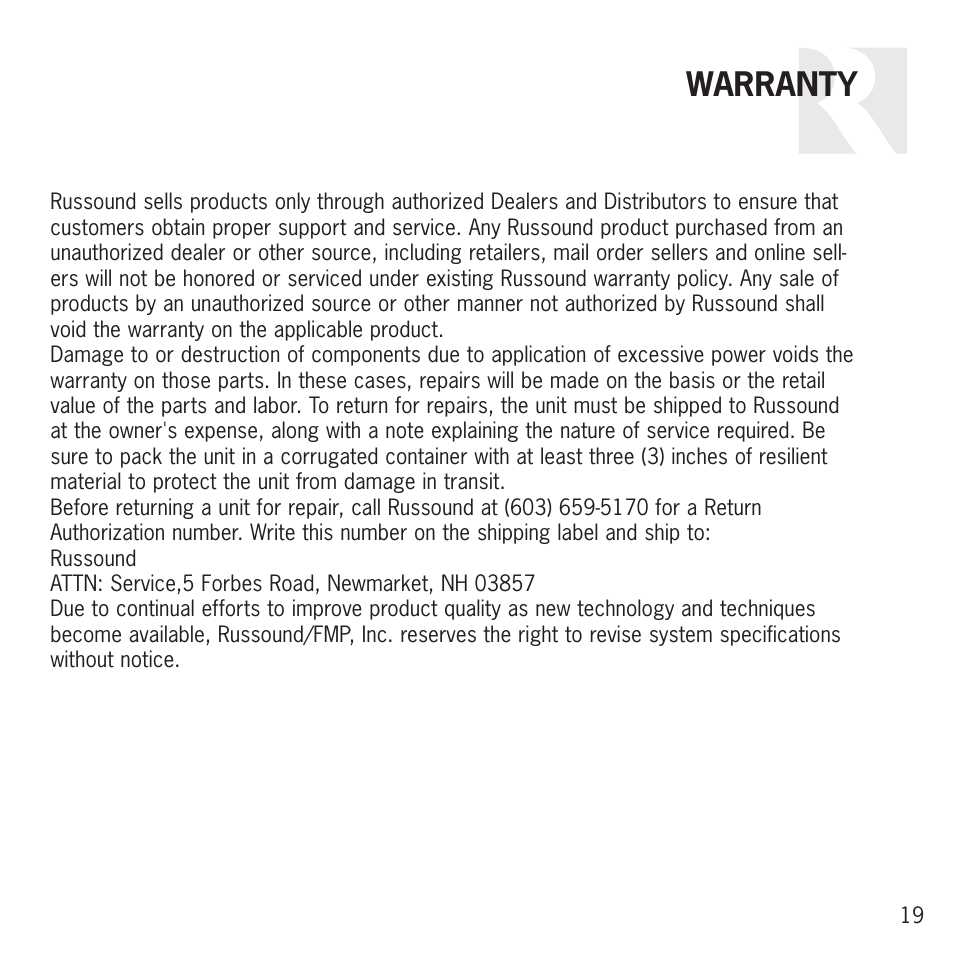 Warranty | Russound UNO S2 User Manual | Page 19 / 20