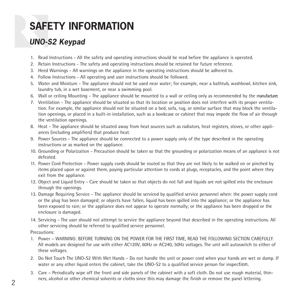 Safety information, Uno-s2 keypad | Russound UNO S2 User Manual | Page 2 / 20