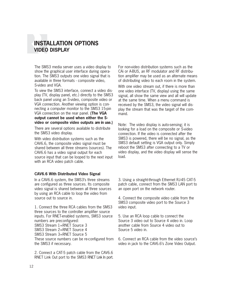 Installation options, Video display | Russound SMS3 User Manual | Page 12 / 36