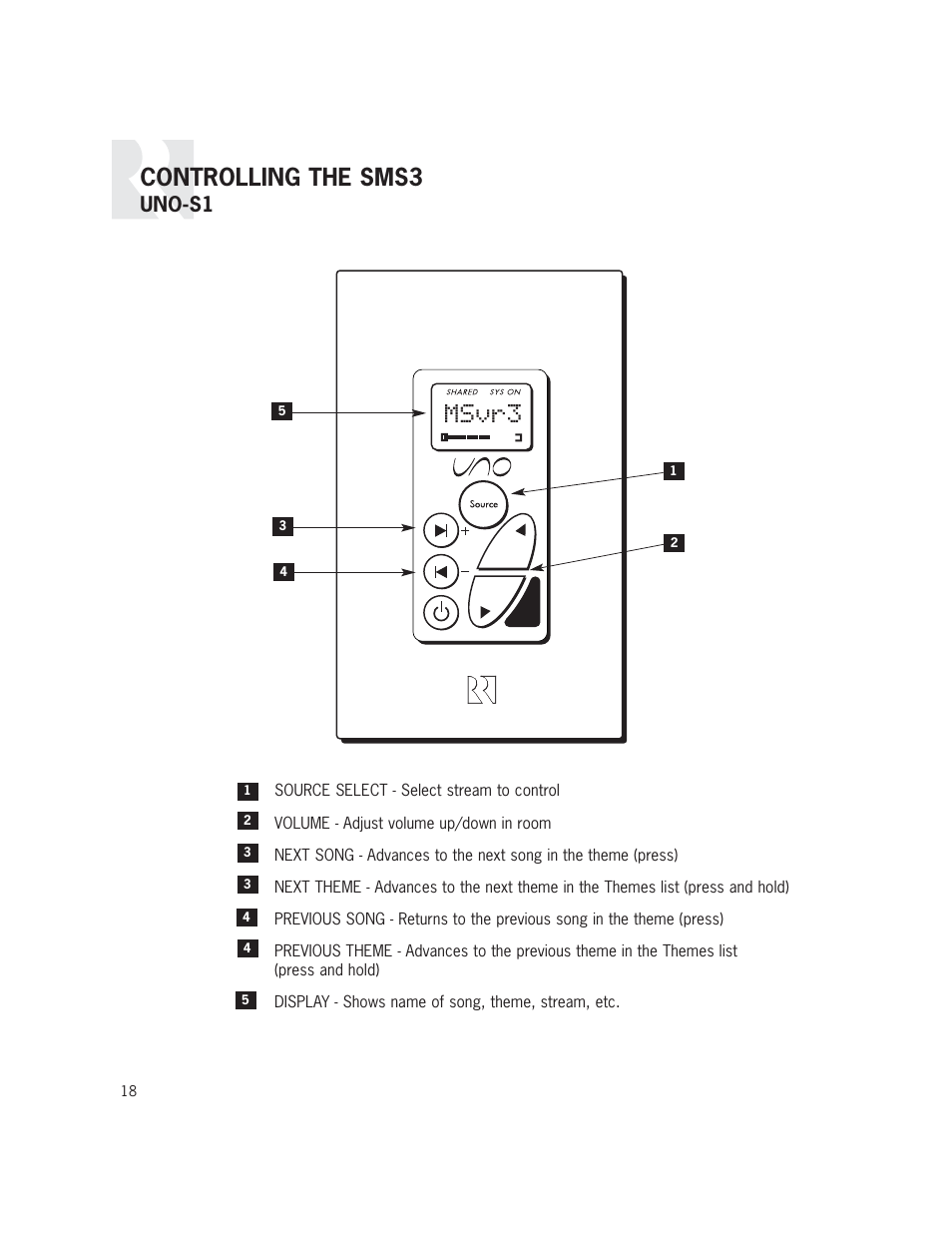 Msvr3, Controlling the sms3, Uno-s1 | Russound SMS3 User Manual | Page 18 / 36