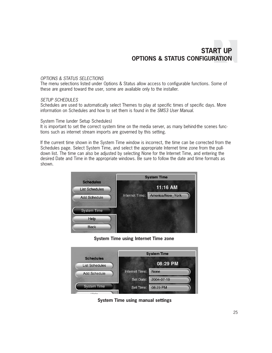 Start up, Options & status configuration | Russound SMS3 User Manual | Page 25 / 36