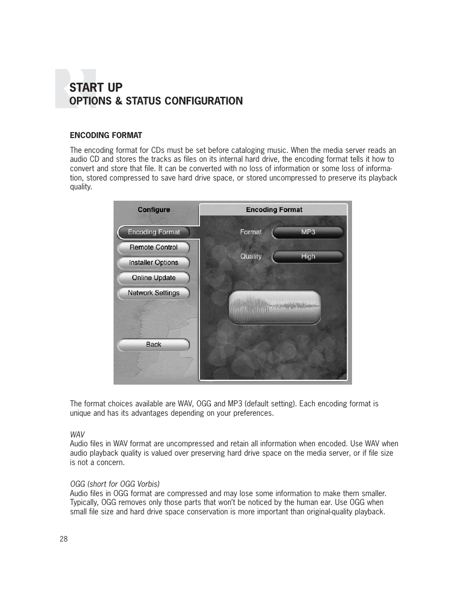 Start up, Options & status configuration | Russound SMS3 User Manual | Page 28 / 36