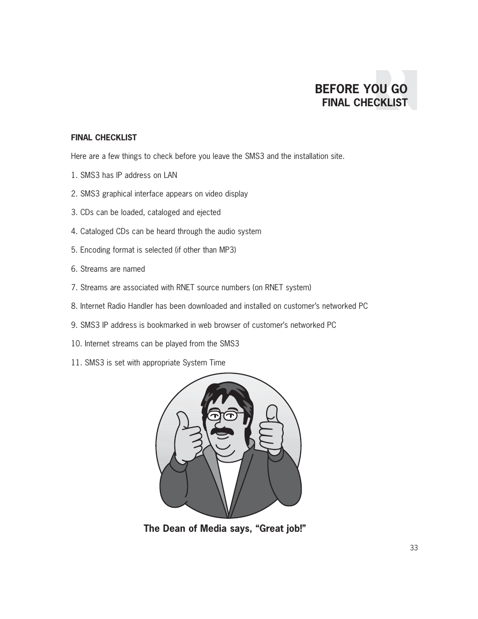 Before you go, Final checklist | Russound SMS3 User Manual | Page 33 / 36