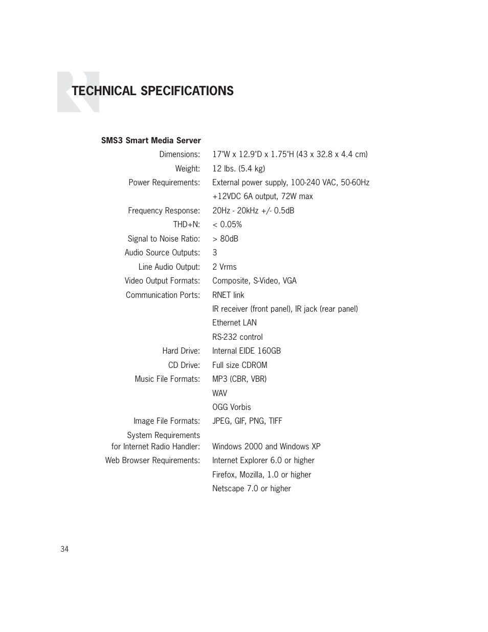 Technical specifications | Russound SMS3 User Manual | Page 34 / 36