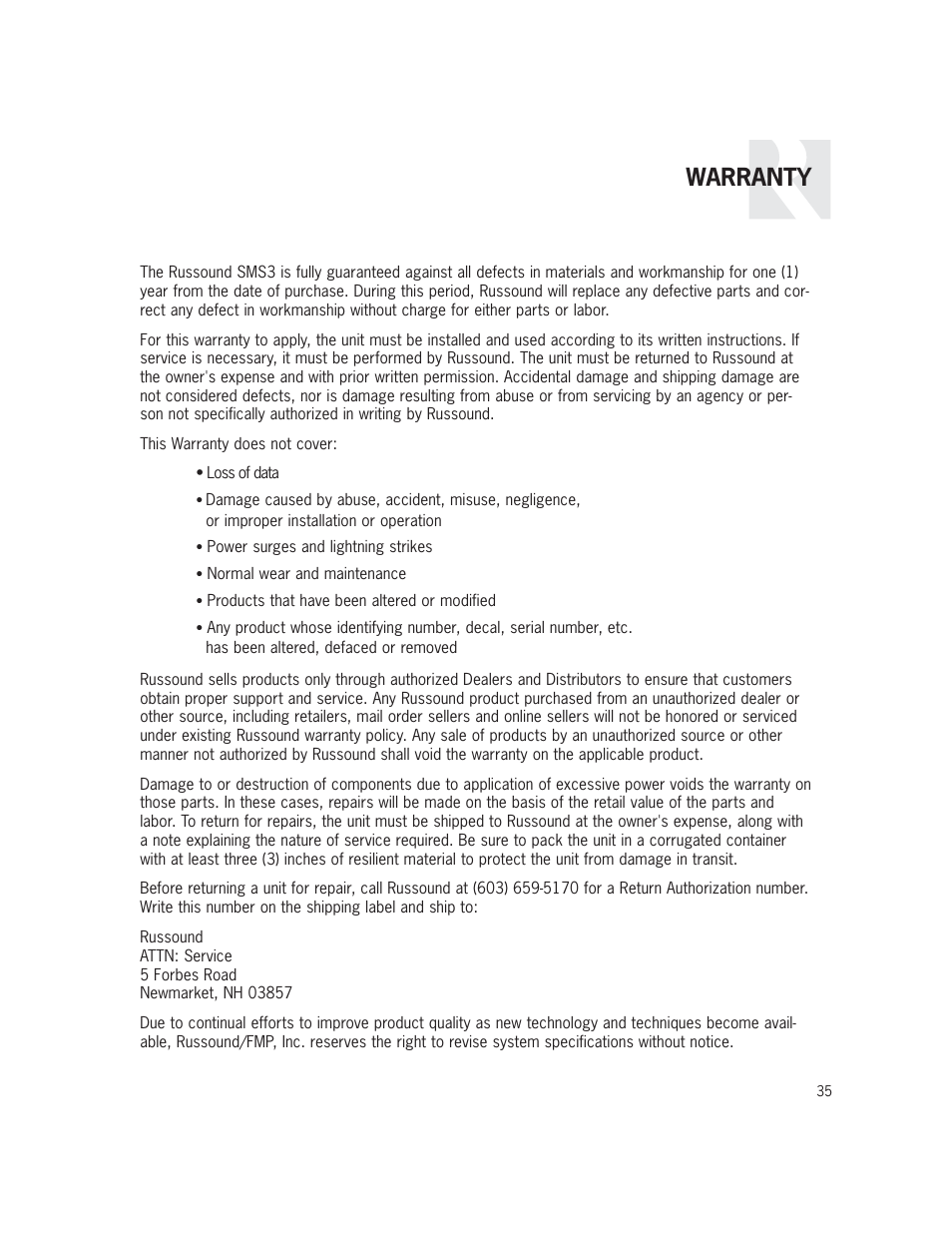 Warranty | Russound SMS3 User Manual | Page 35 / 36