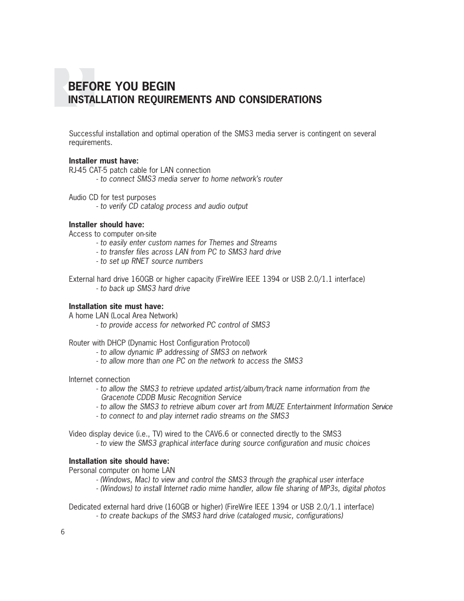 Before you begin, Installation requirements and considerations | Russound SMS3 User Manual | Page 6 / 36