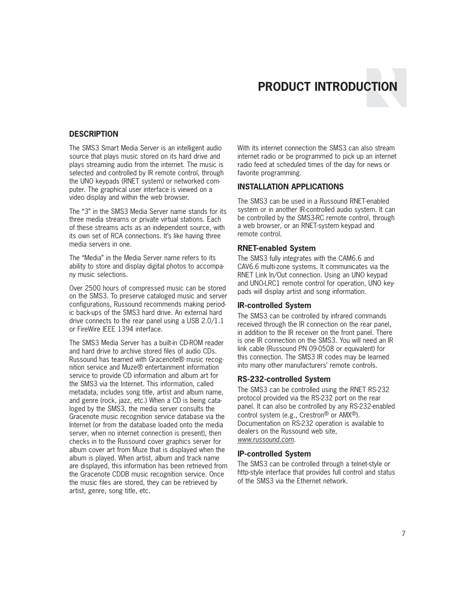 Product introduction | Russound SMS3 User Manual | Page 7 / 36