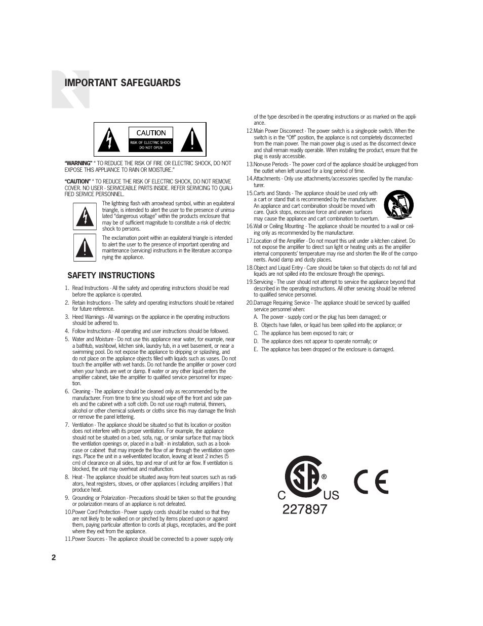 Important safeguards, Safety instructions | Russound R275HC User Manual | Page 2 / 8