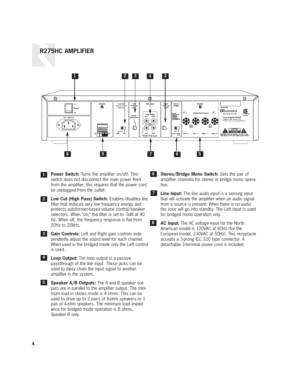 R275hc amplifier | Russound R275HC User Manual | Page 4 / 8