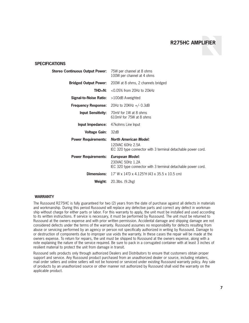 R275hc amplifier | Russound R275HC User Manual | Page 7 / 8