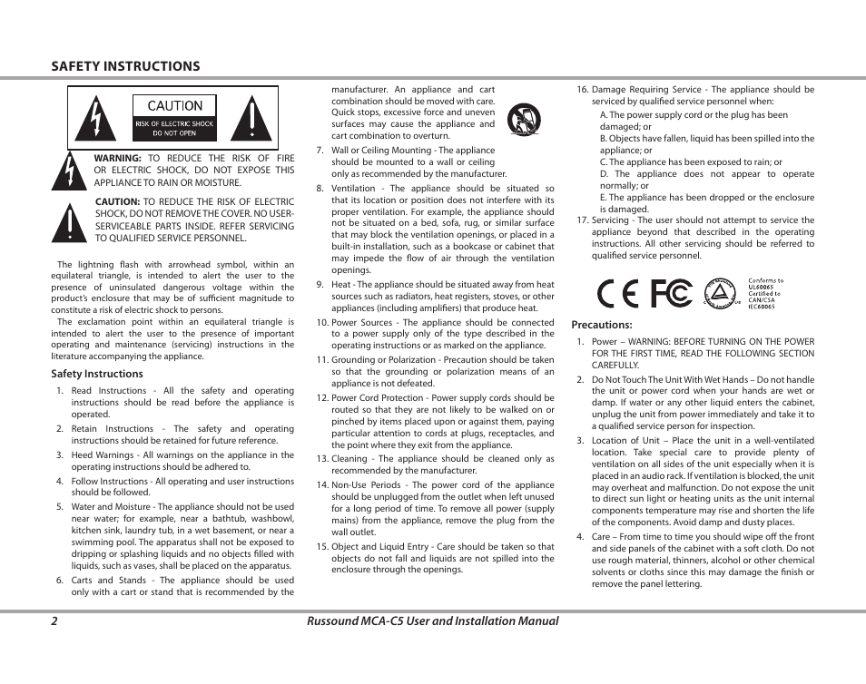 Safety instructions | Russound MCA-C5 User Manual | Page 2 / 40