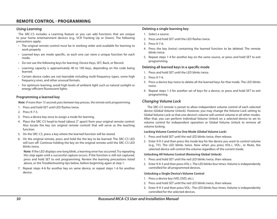 Remote control - programming | Russound MCA-C5 User Manual | Page 30 / 40