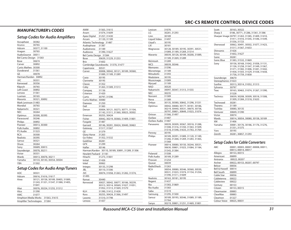 Src-c5 remote control device codes, 31 russound mca-c5 user and installation manual, Setup codes for audio amp/tuners | Setup codes for cable converters | Russound MCA-C5 User Manual | Page 31 / 40