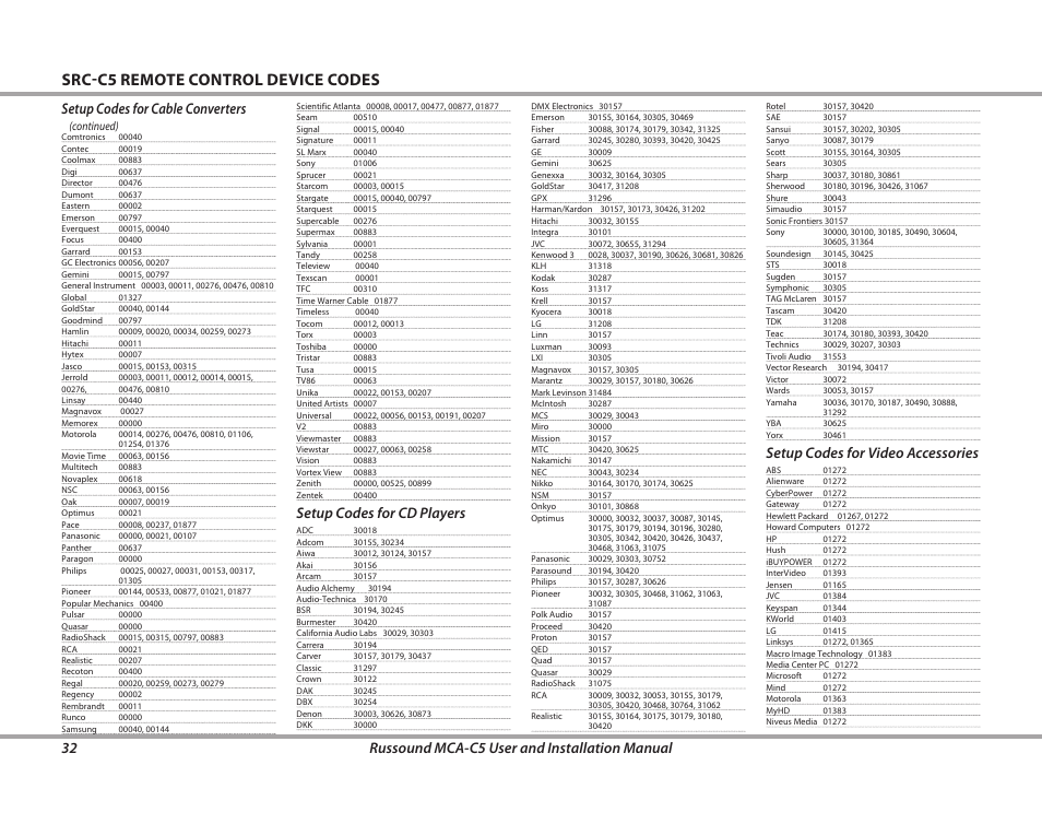 Src-c5 remote control device codes, 32 russound mca-c5 user and installation manual, Setup codes for cable converters | Setup codes for cd players, Setup codes for video accessories | Russound MCA-C5 User Manual | Page 32 / 40