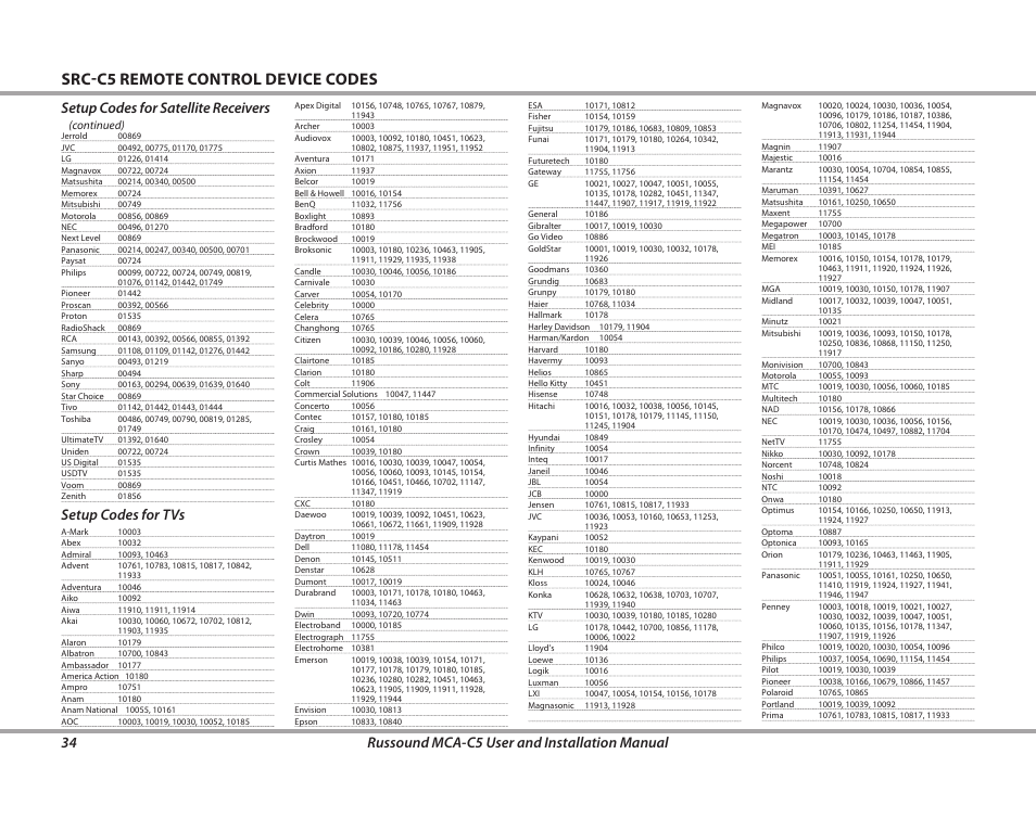 Src-c5 remote control device codes, 34 russound mca-c5 user and installation manual, Setup codes for satellite receivers | Setup codes for tvs | Russound MCA-C5 User Manual | Page 34 / 40