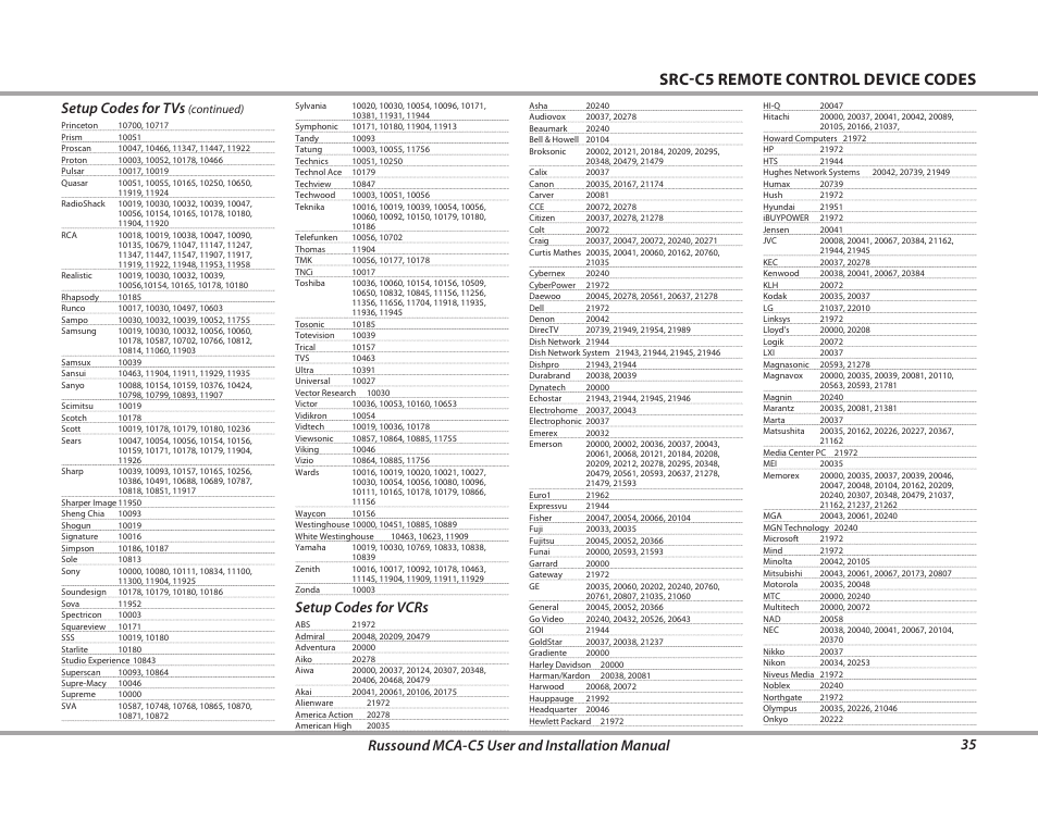 Src-c5 remote control device codes, 35 russound mca-c5 user and installation manual, Setup codes for tvs | Setup codes for vcrs | Russound MCA-C5 User Manual | Page 35 / 40