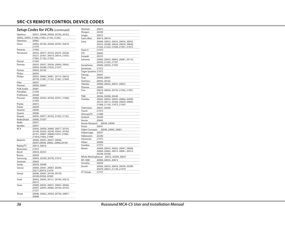 Src-c5 remote control device codes, 36 russound mca-c5 user and installation manual, Setup codes for vcrs | Russound MCA-C5 User Manual | Page 36 / 40