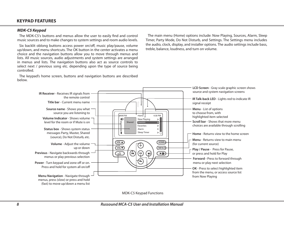 Keypad features | Russound MCA-C5 User Manual | Page 8 / 40