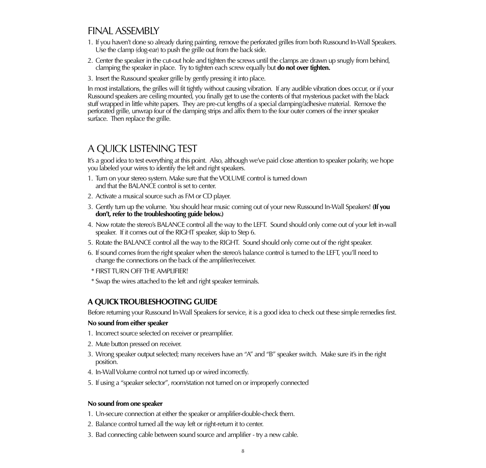 Final assembly, A quick listening test | Russound SP550.2 User Manual | Page 8 / 12