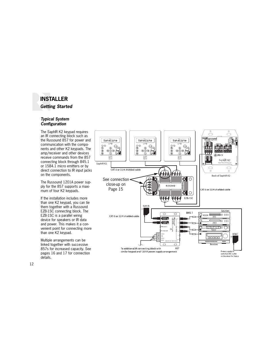 Installer, Getting started, Typical system configuration | See connection close-up on page 15 | Russound K2 User Manual | Page 12 / 72