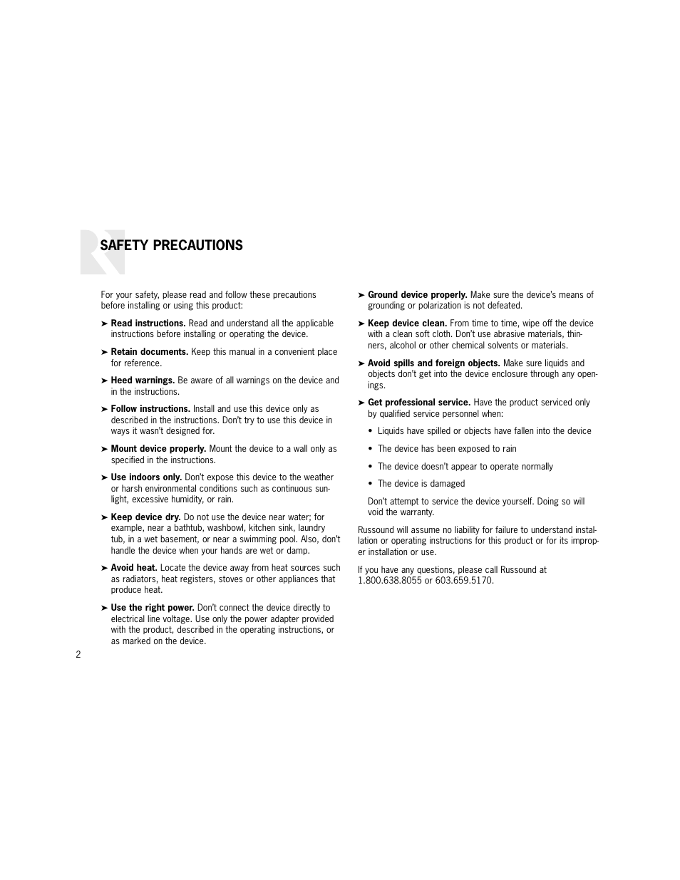 Safety precautions | Russound K2 User Manual | Page 2 / 72