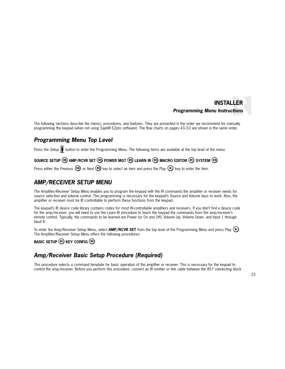 Installer, Programming menu top level, Amp/receiver setup menu | Amp/receiver basic setup procedure (required) | Russound K2 User Manual | Page 23 / 72