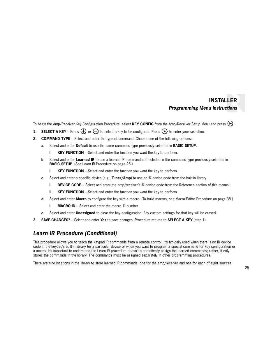 Installer, Learn ir procedure (conditional) | Russound K2 User Manual | Page 25 / 72