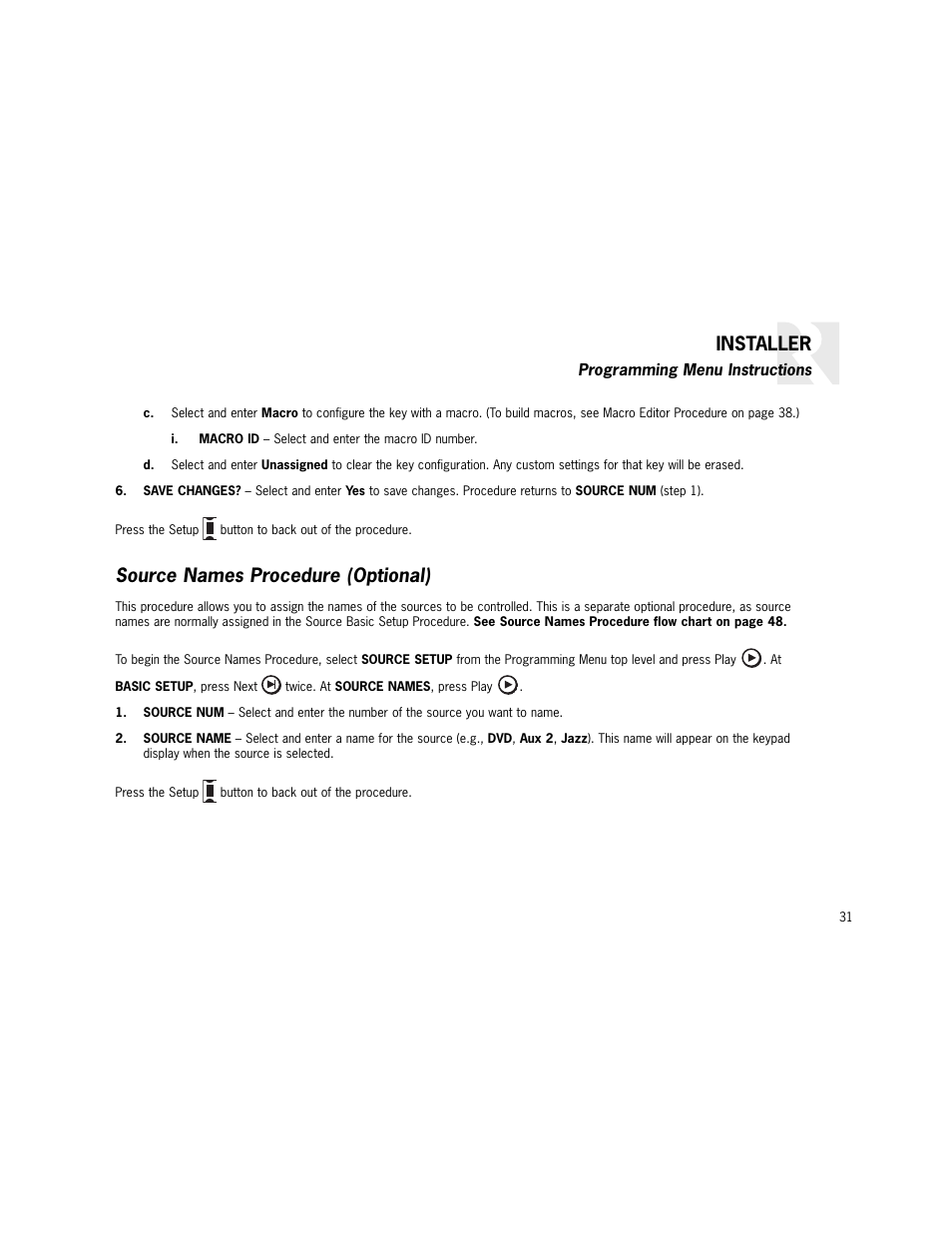 Installer, Source names procedure (optional) | Russound K2 User Manual | Page 31 / 72