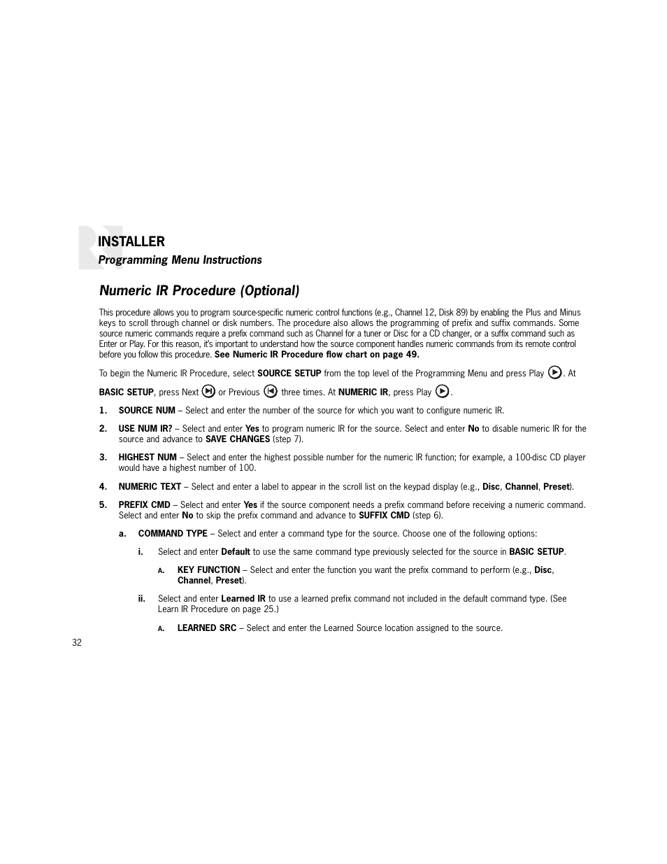 Installer, Numeric ir procedure (optional) | Russound K2 User Manual | Page 32 / 72