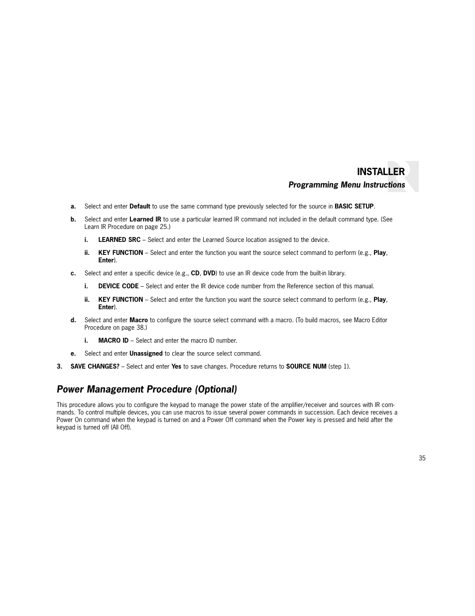 Installer, Power management procedure (optional) | Russound K2 User Manual | Page 35 / 72