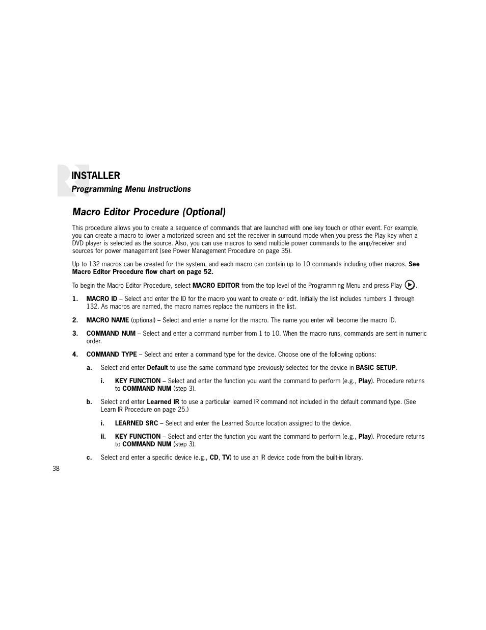 Installer, Macro editor procedure (optional) | Russound K2 User Manual | Page 38 / 72