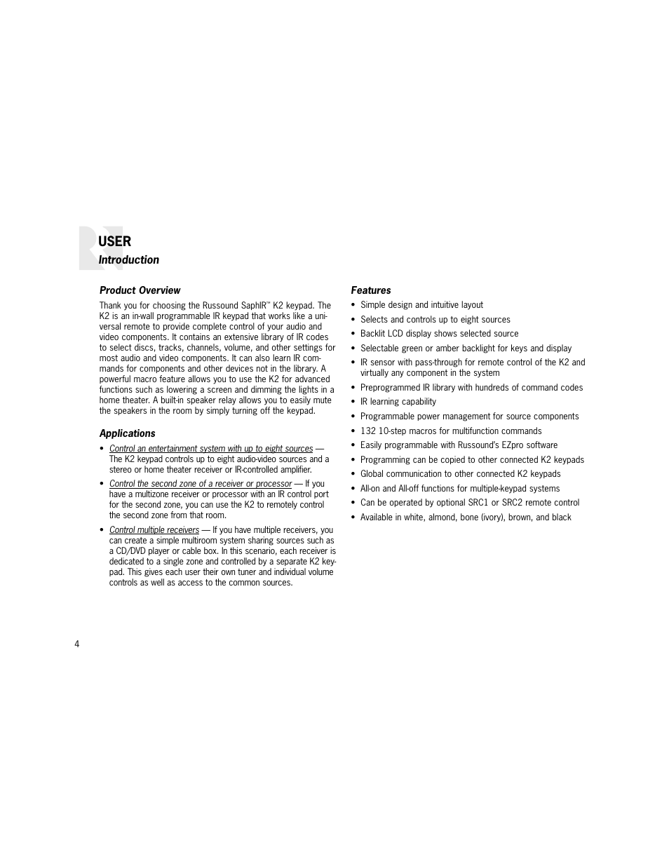 User | Russound K2 User Manual | Page 4 / 72