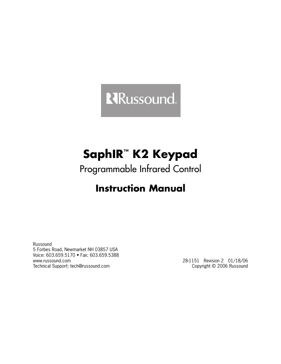 Saphir, K2 keypad, Programmable infrared control instruction manual | Russound K2 User Manual | Page 72 / 72