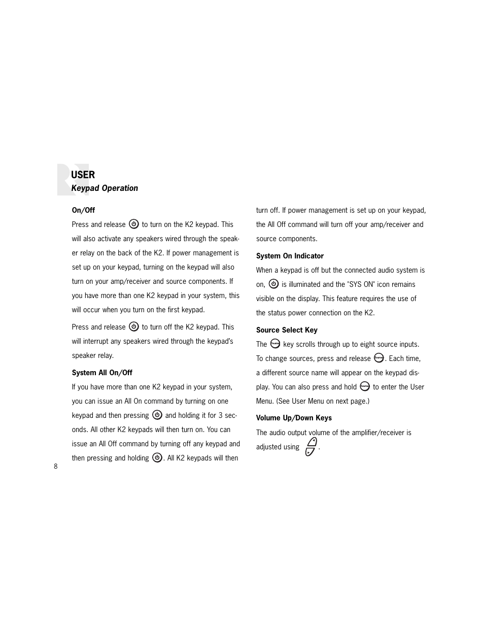 User | Russound K2 User Manual | Page 8 / 72