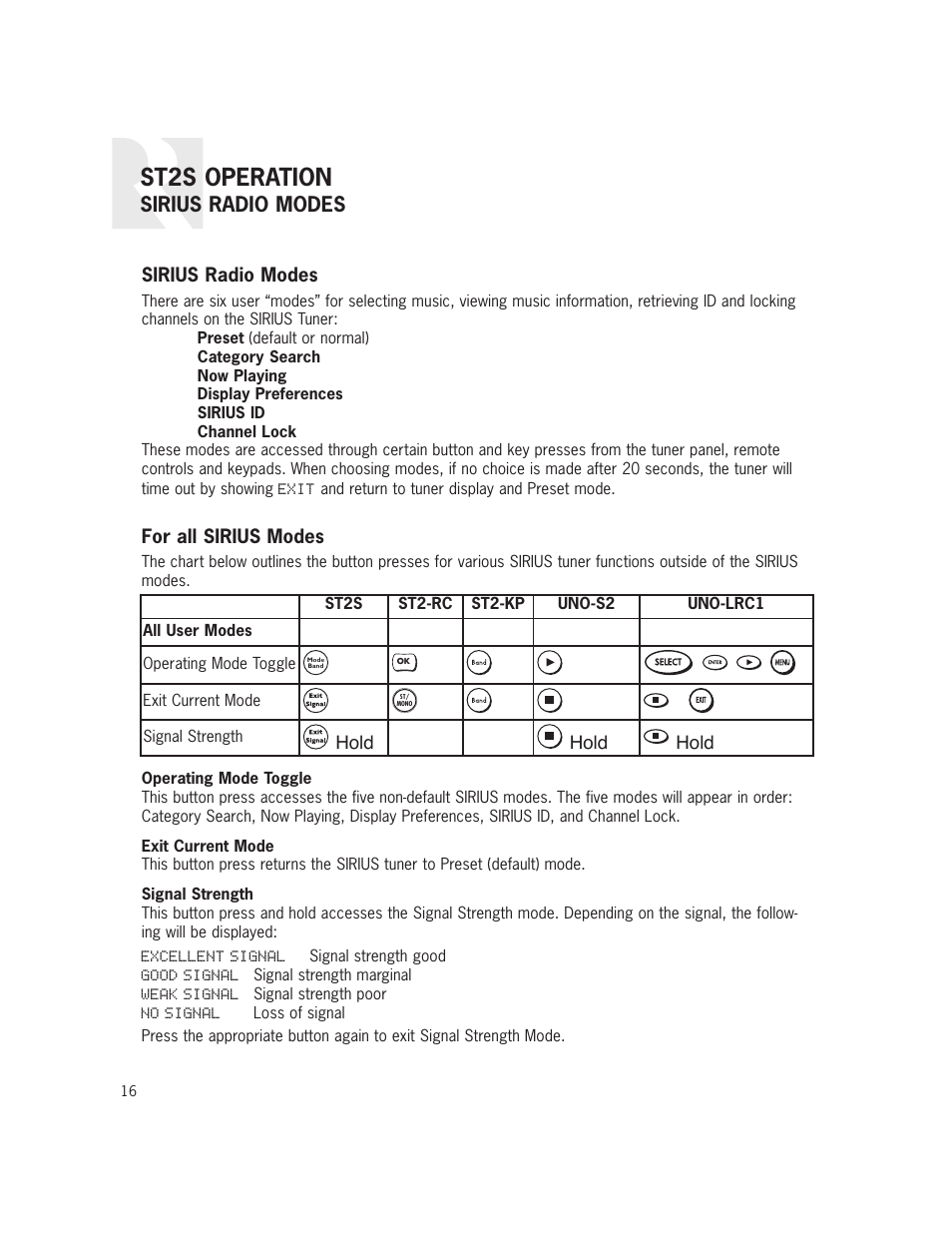 St2s operation, Sirius radio modes, For all sirius modes | Hold | Russound ST2S User Manual | Page 16 / 40